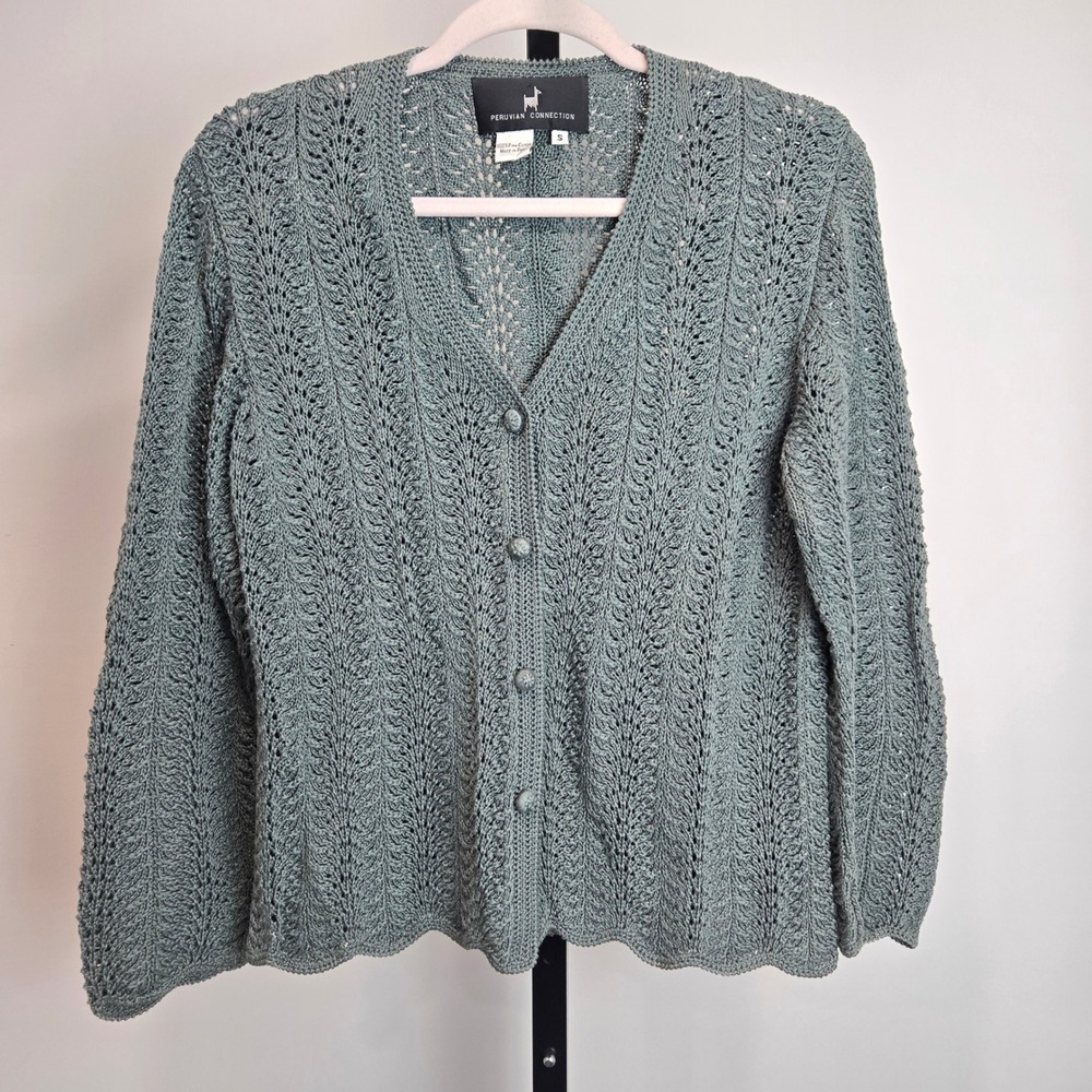 Peruvian Connection Gray Green Pima Cotton Pointelle Knit Cardigan Fisherman